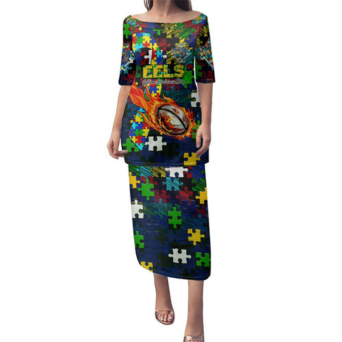 Eels Autism Awareness Family Matching Puletasi and Hawaiian Shirt Puzzle Flames Rugby Ball