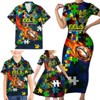 Eels Autism Awareness Family Matching Short Sleeve Bodycon Dress and Hawaiian Shirt Puzzle Flames Rugby Ball