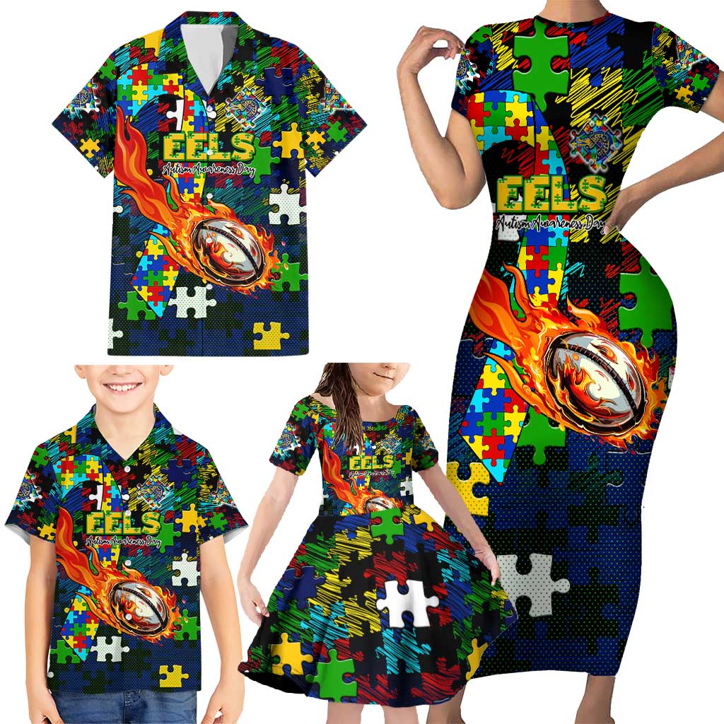 Eels Autism Awareness Family Matching Short Sleeve Bodycon Dress and Hawaiian Shirt Puzzle Flames Rugby Ball