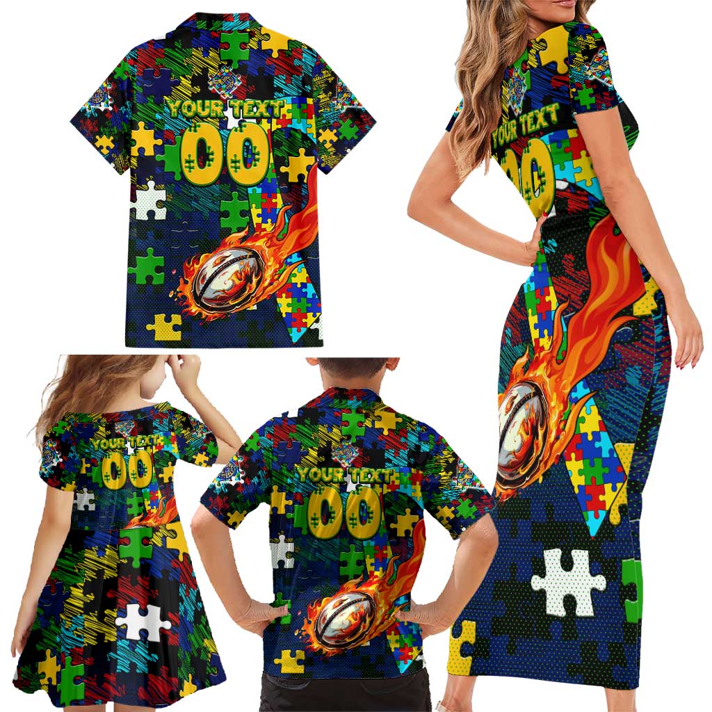Eels Autism Awareness Family Matching Short Sleeve Bodycon Dress and Hawaiian Shirt Puzzle Flames Rugby Ball