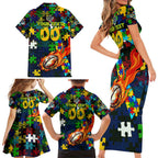 Eels Autism Awareness Family Matching Short Sleeve Bodycon Dress and Hawaiian Shirt Puzzle Flames Rugby Ball