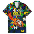Eels Autism Awareness Family Matching Short Sleeve Bodycon Dress and Hawaiian Shirt Puzzle Flames Rugby Ball