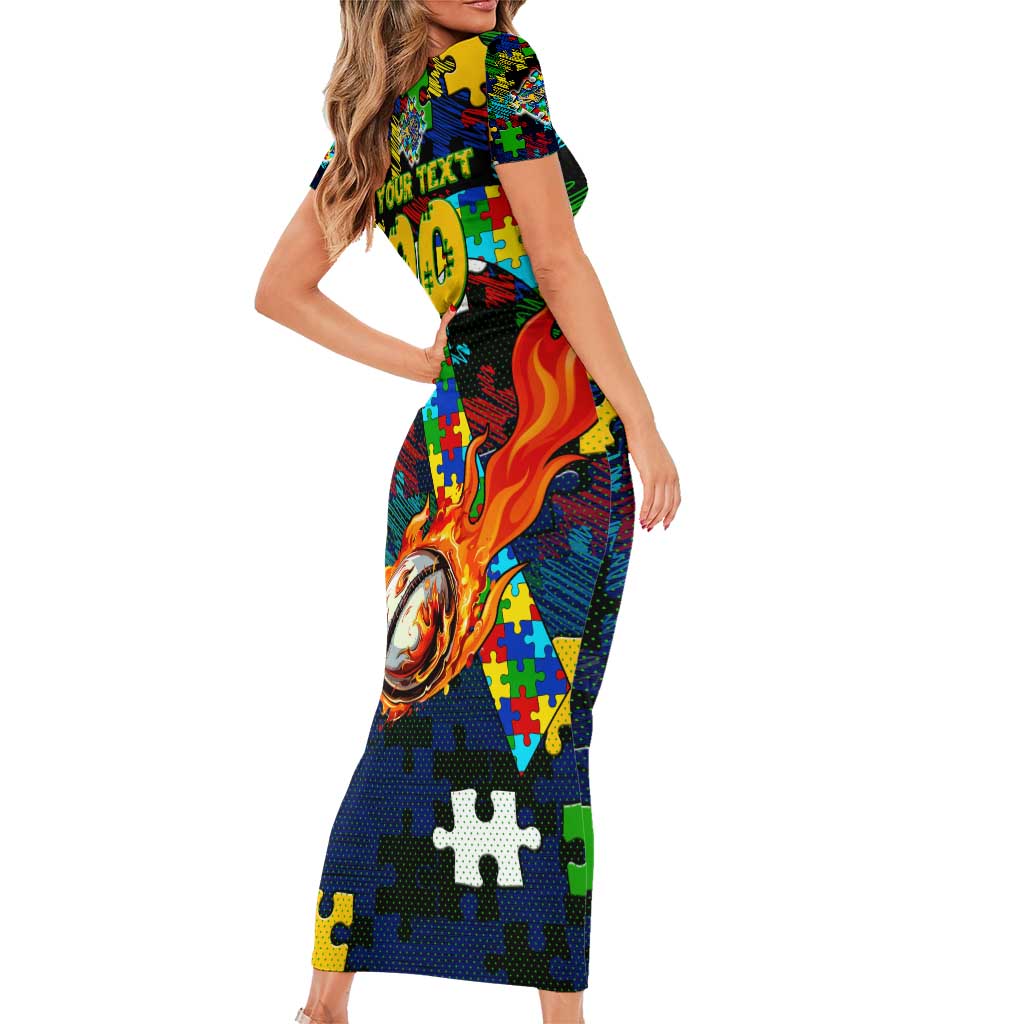 Eels Autism Awareness Family Matching Short Sleeve Bodycon Dress and Hawaiian Shirt Puzzle Flames Rugby Ball