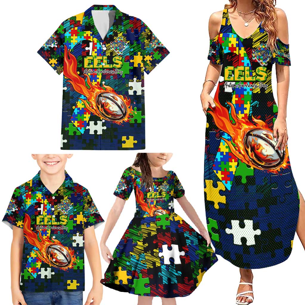 Eels Autism Awareness Family Matching Summer Maxi Dress and Hawaiian Shirt Puzzle Flames Rugby Ball