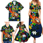 Eels Autism Awareness Family Matching Summer Maxi Dress and Hawaiian Shirt Puzzle Flames Rugby Ball
