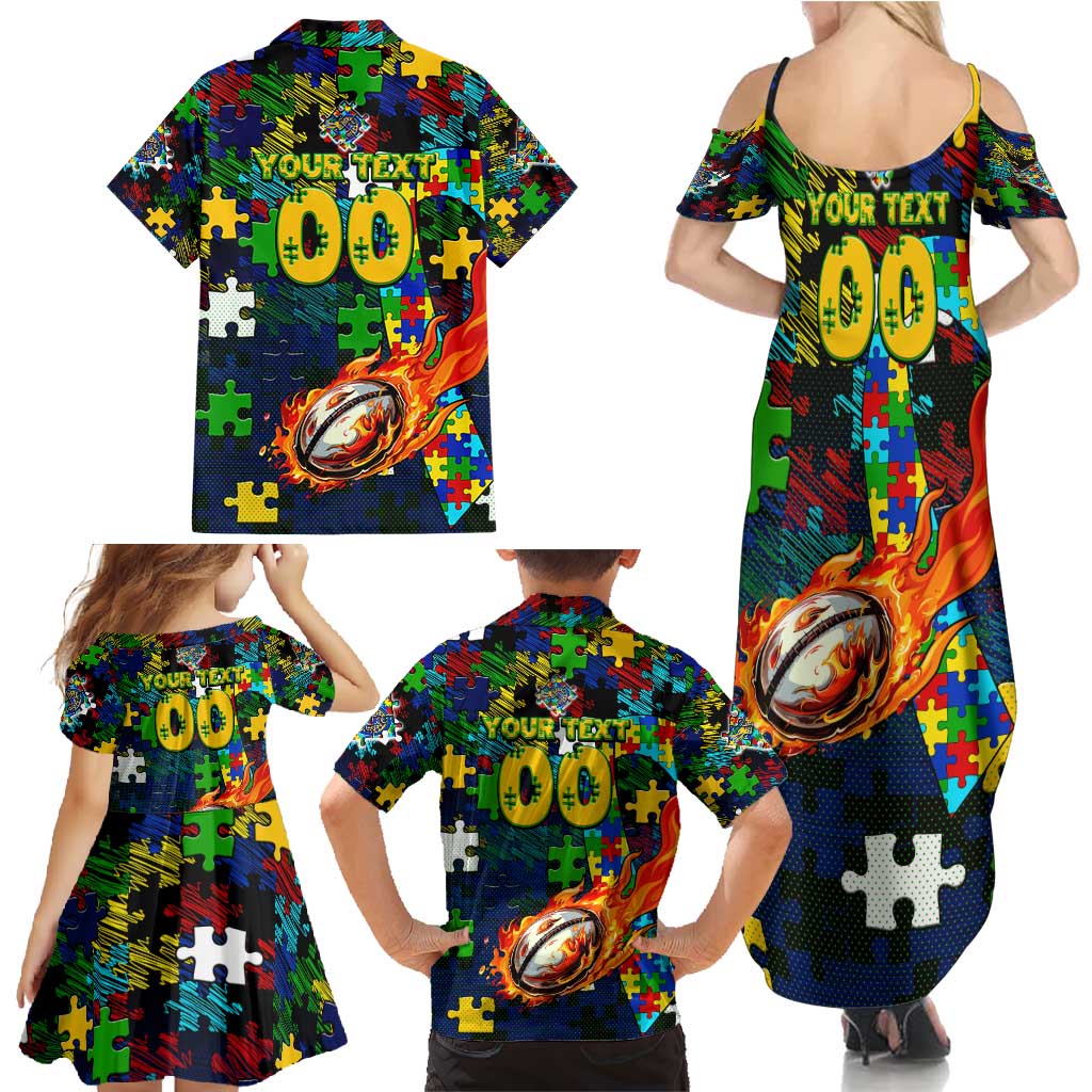 Eels Autism Awareness Family Matching Summer Maxi Dress and Hawaiian Shirt Puzzle Flames Rugby Ball
