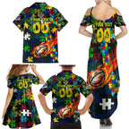 Eels Autism Awareness Family Matching Summer Maxi Dress and Hawaiian Shirt Puzzle Flames Rugby Ball