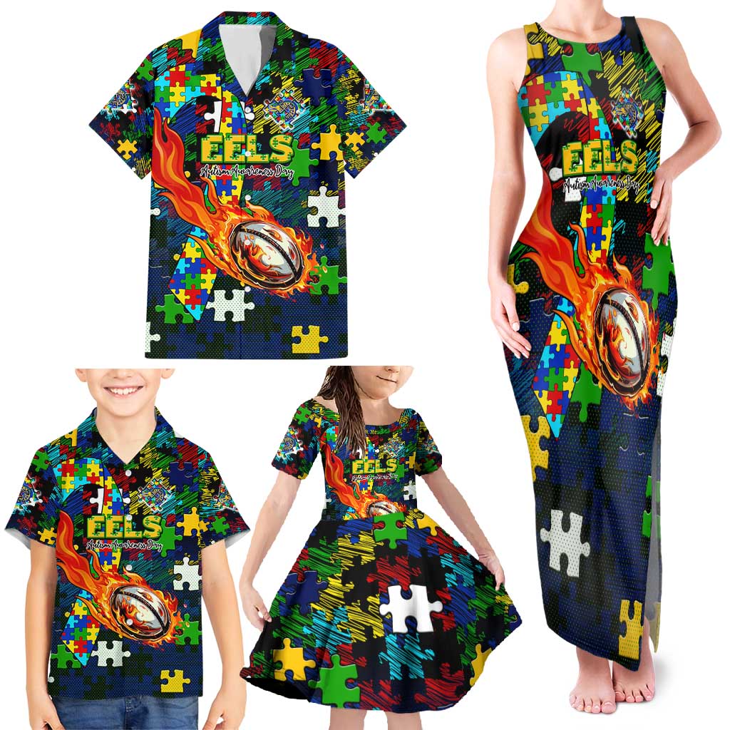 Eels Autism Awareness Family Matching Tank Maxi Dress and Hawaiian Shirt Puzzle Flames Rugby Ball