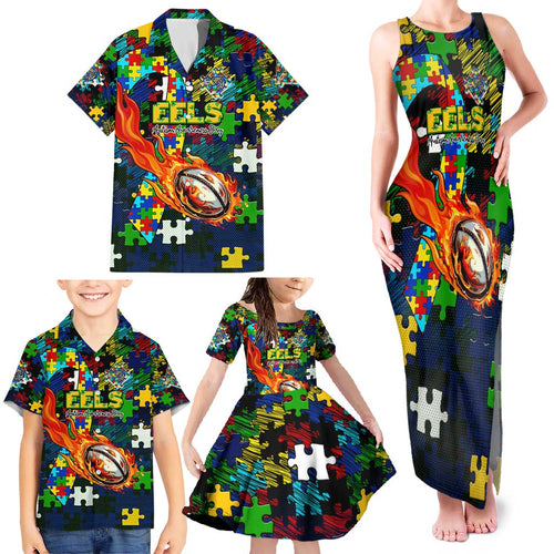 Eels Autism Awareness Family Matching Tank Maxi Dress and Hawaiian Shirt Puzzle Flames Rugby Ball