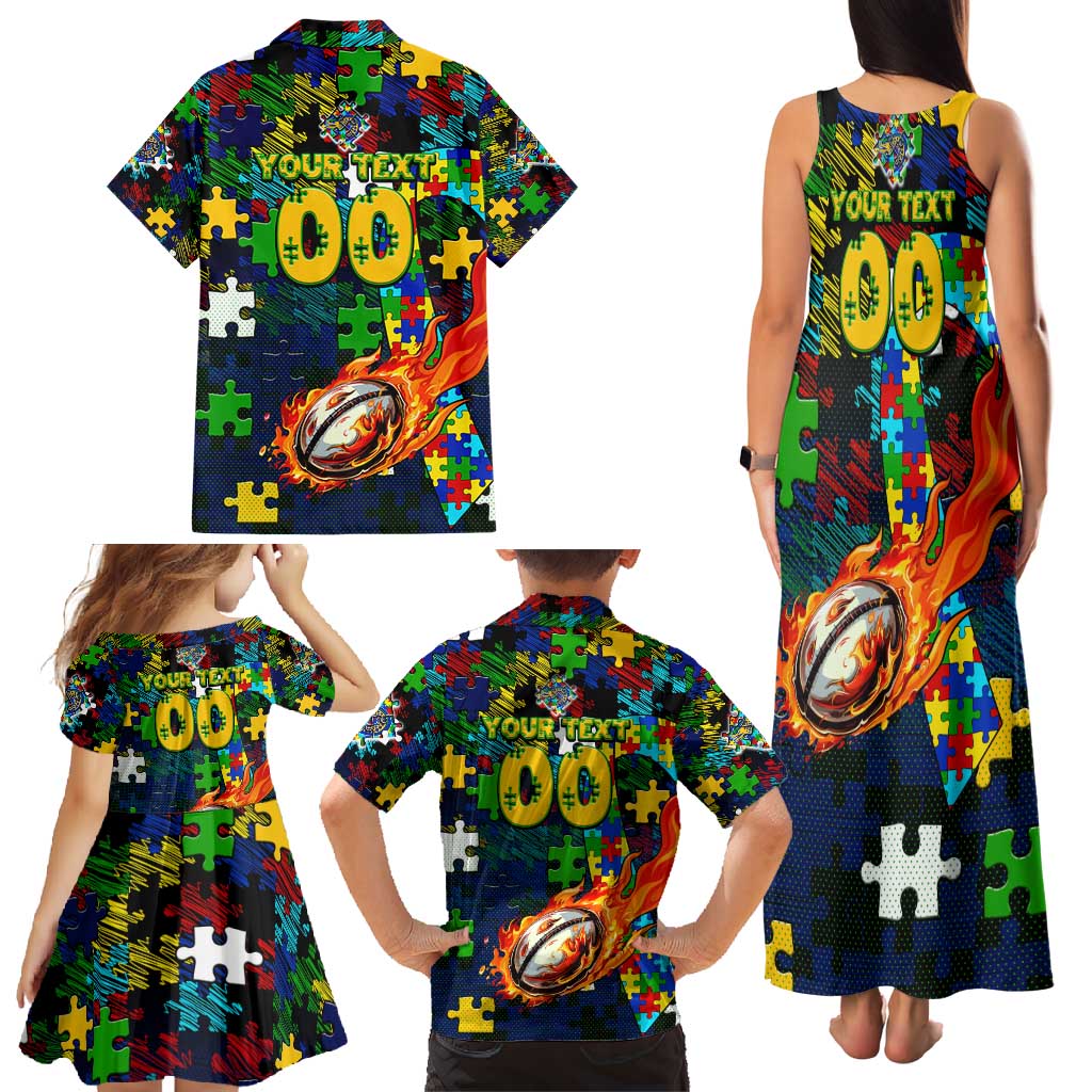 Eels Autism Awareness Family Matching Tank Maxi Dress and Hawaiian Shirt Puzzle Flames Rugby Ball