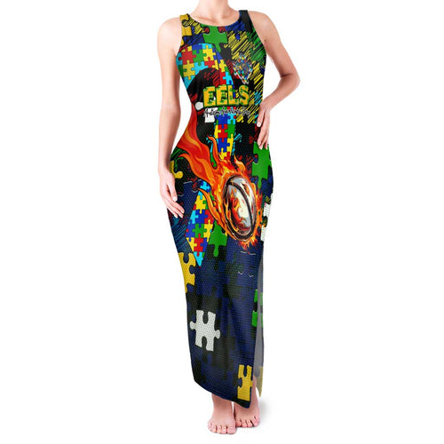 Eels Autism Awareness Family Matching Tank Maxi Dress and Hawaiian Shirt Puzzle Flames Rugby Ball