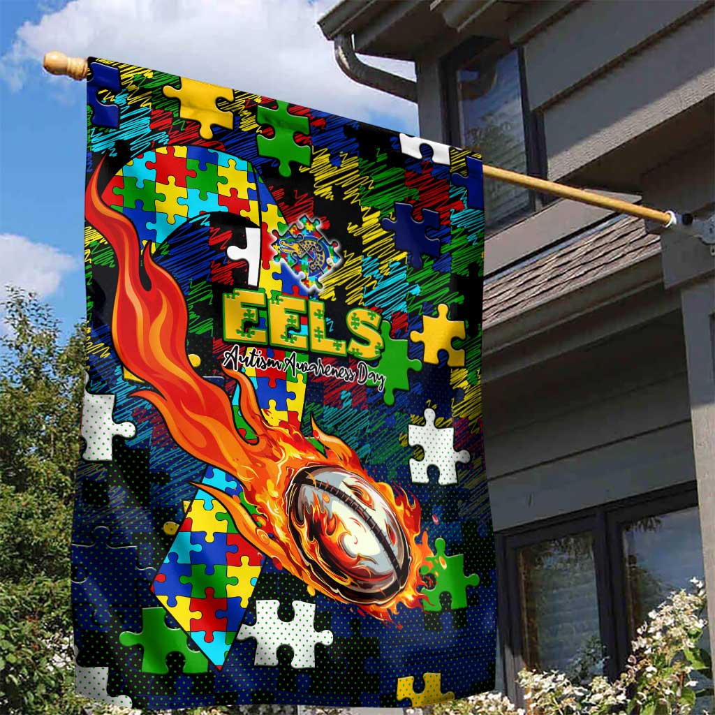 Eels Autism Awareness Garden Flag Puzzle Flames Rugby Ball