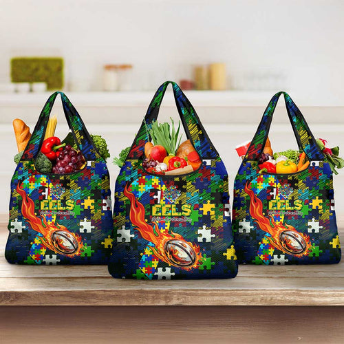 Eels Autism Awareness Grocery Bag Puzzle Flames Rugby Ball