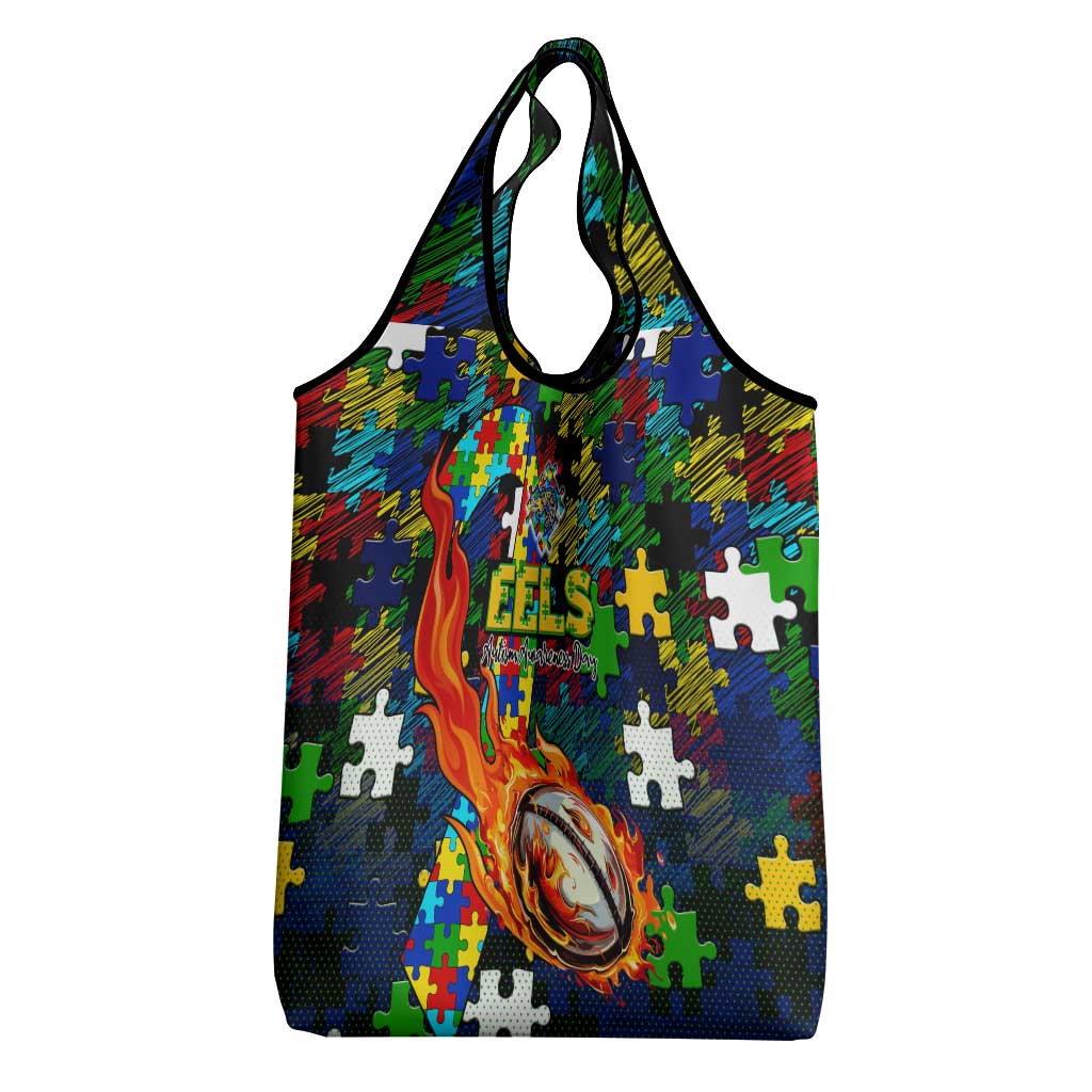 Eels Autism Awareness Grocery Bag Puzzle Flames Rugby Ball