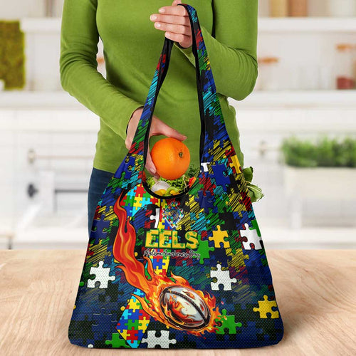 Eels Autism Awareness Grocery Bag Puzzle Flames Rugby Ball
