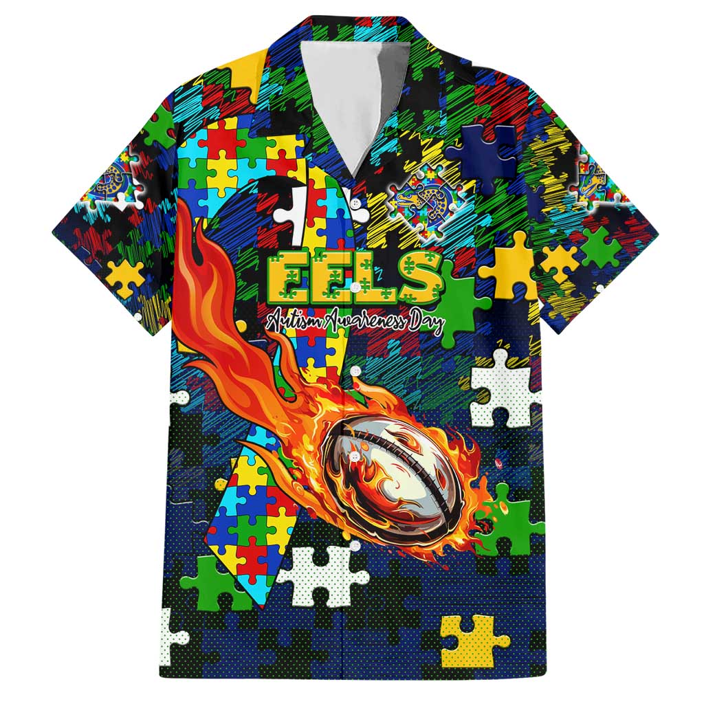 Eels Autism Awareness Hawaiian Shirt Puzzle Flames Rugby Ball