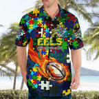 Eels Autism Awareness Hawaiian Shirt Puzzle Flames Rugby Ball