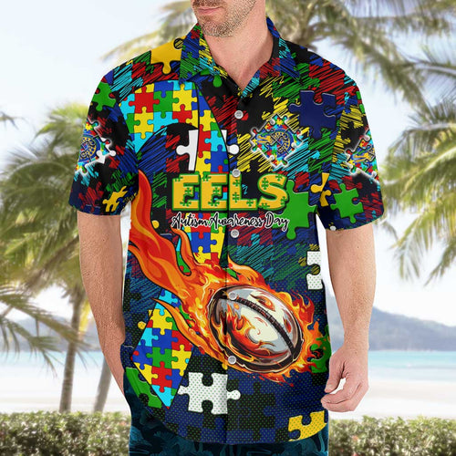 Eels Autism Awareness Hawaiian Shirt Puzzle Flames Rugby Ball