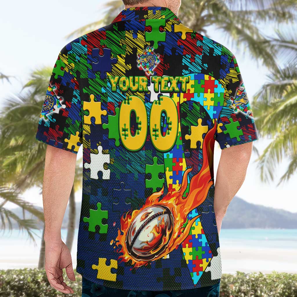 Eels Autism Awareness Hawaiian Shirt Puzzle Flames Rugby Ball