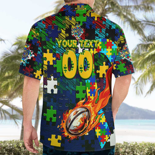 Eels Autism Awareness Hawaiian Shirt Puzzle Flames Rugby Ball