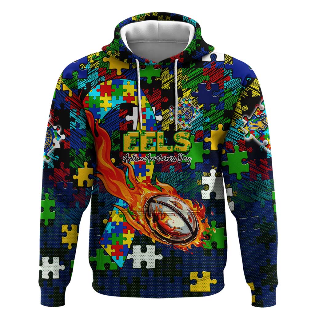 Eels Autism Awareness Hoodie Puzzle Flames Rugby Ball