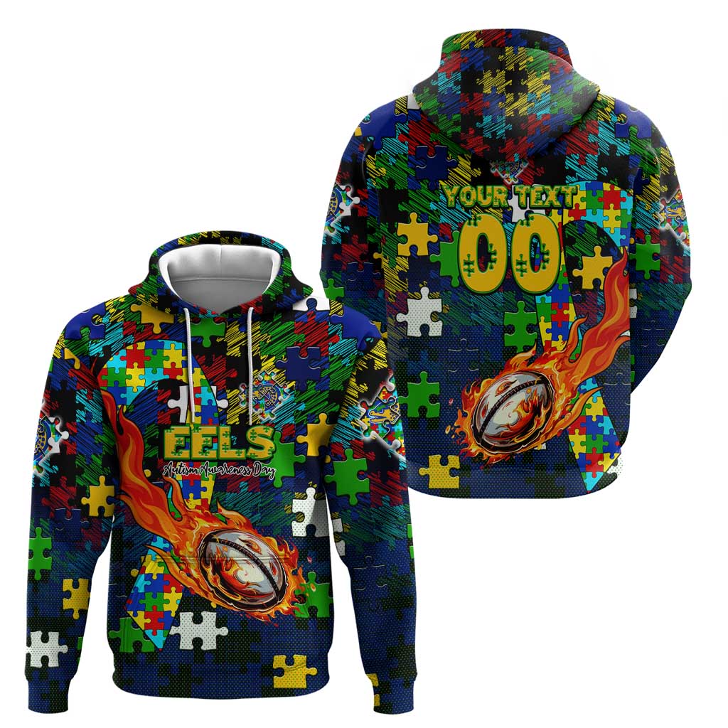 Eels Autism Awareness Hoodie Puzzle Flames Rugby Ball