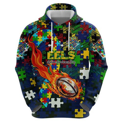 Eels Autism Awareness Hoodie Puzzle Flames Rugby Ball
