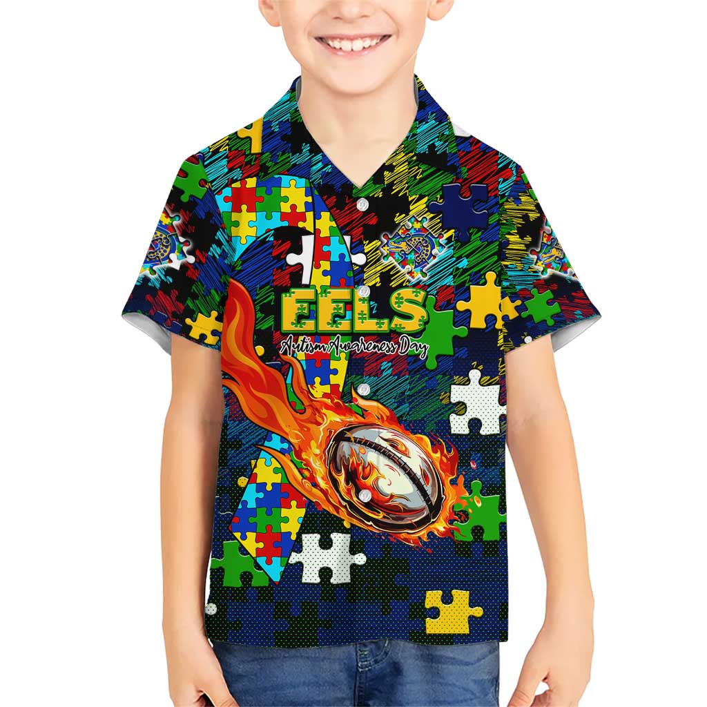 Eels Autism Awareness Kid Hawaiian Shirt Puzzle Flames Rugby Ball