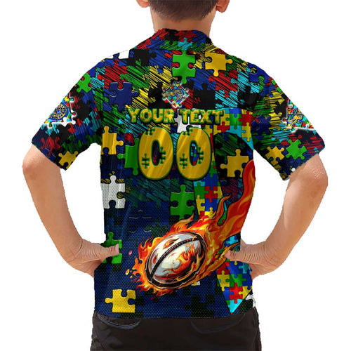 Eels Autism Awareness Kid Hawaiian Shirt Puzzle Flames Rugby Ball