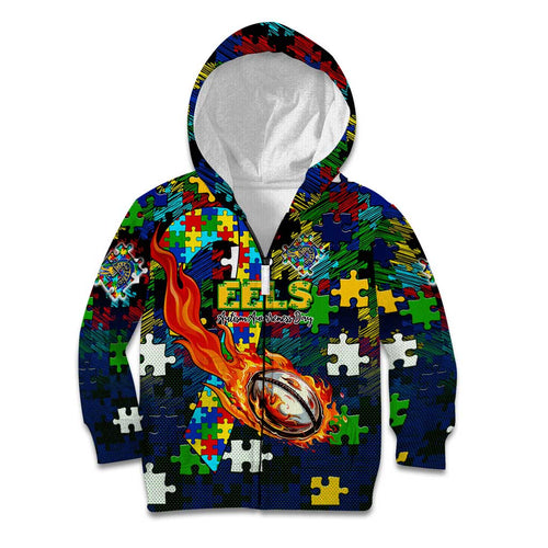 Eels Autism Awareness Kid Hoodie Puzzle Flames Rugby Ball