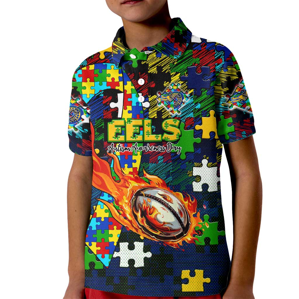 Eels Autism Awareness Kid Polo Shirt Puzzle Flames Rugby Ball