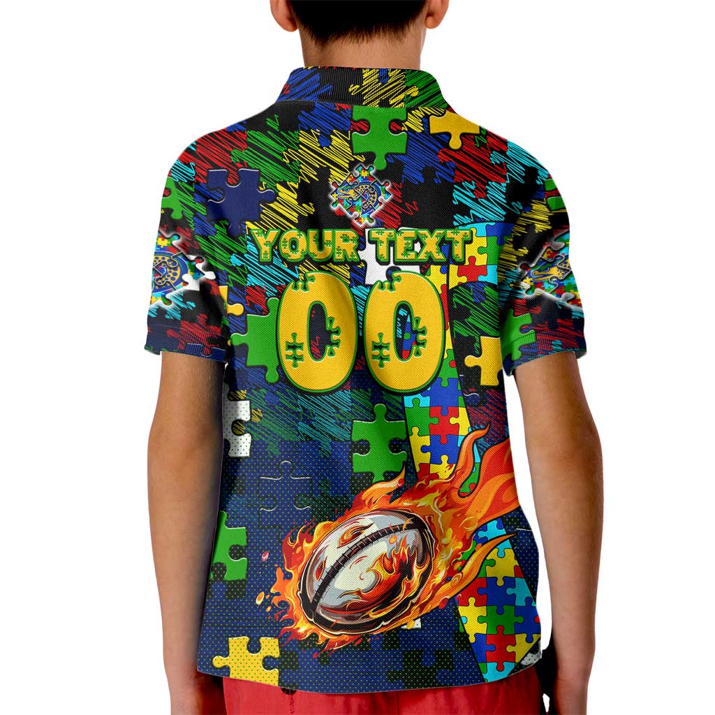 Eels Autism Awareness Kid Polo Shirt Puzzle Flames Rugby Ball