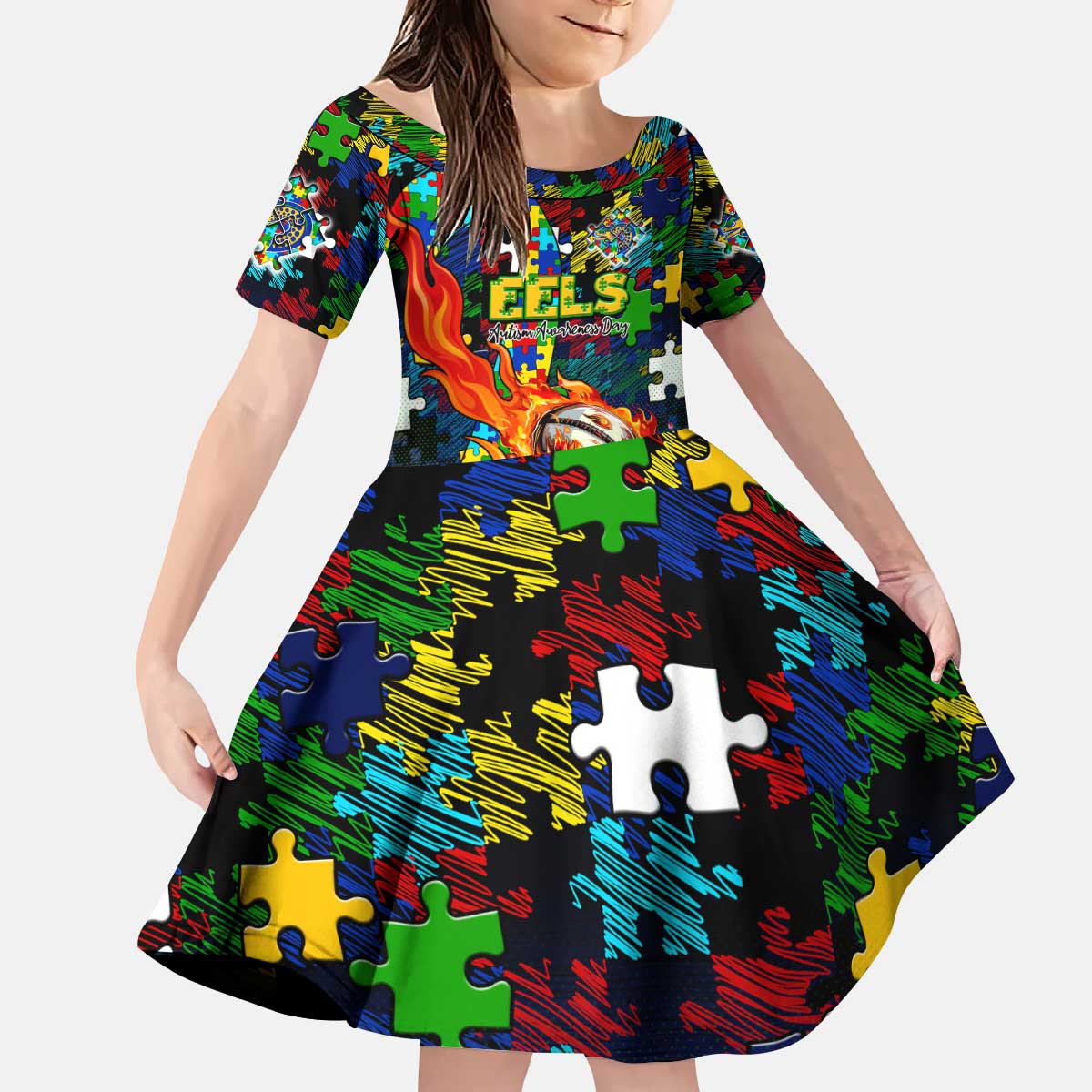 Eels Autism Awareness Kid Short Sleeve Dress Puzzle Flames Rugby Ball