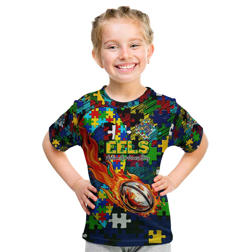 Eels Autism Awareness Kid T Shirt Puzzle Flames Rugby Ball