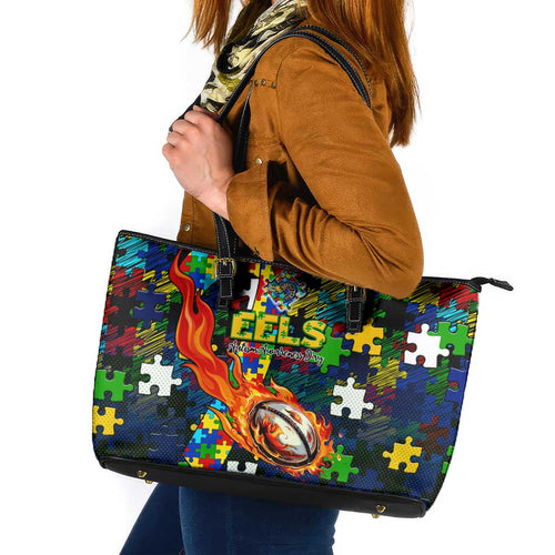 Eels Autism Awareness Leather Tote Bag Puzzle Flames Rugby Ball