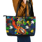 Eels Autism Awareness Leather Tote Bag Puzzle Flames Rugby Ball