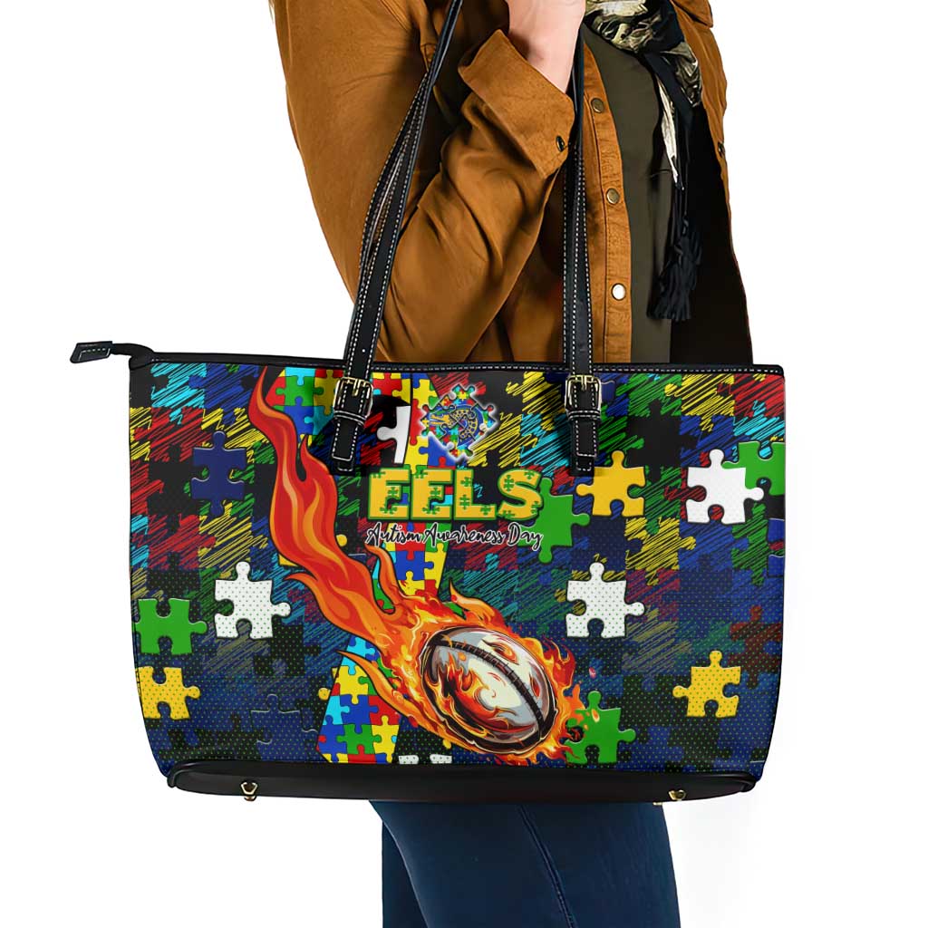 Eels Autism Awareness Leather Tote Bag Puzzle Flames Rugby Ball