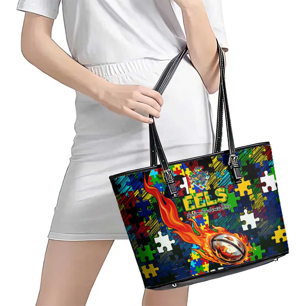 Eels Autism Awareness Leather Tote Bag Puzzle Flames Rugby Ball