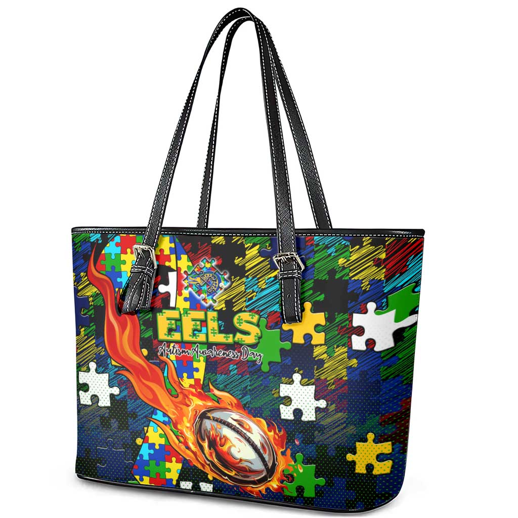 Eels Autism Awareness Leather Tote Bag Puzzle Flames Rugby Ball