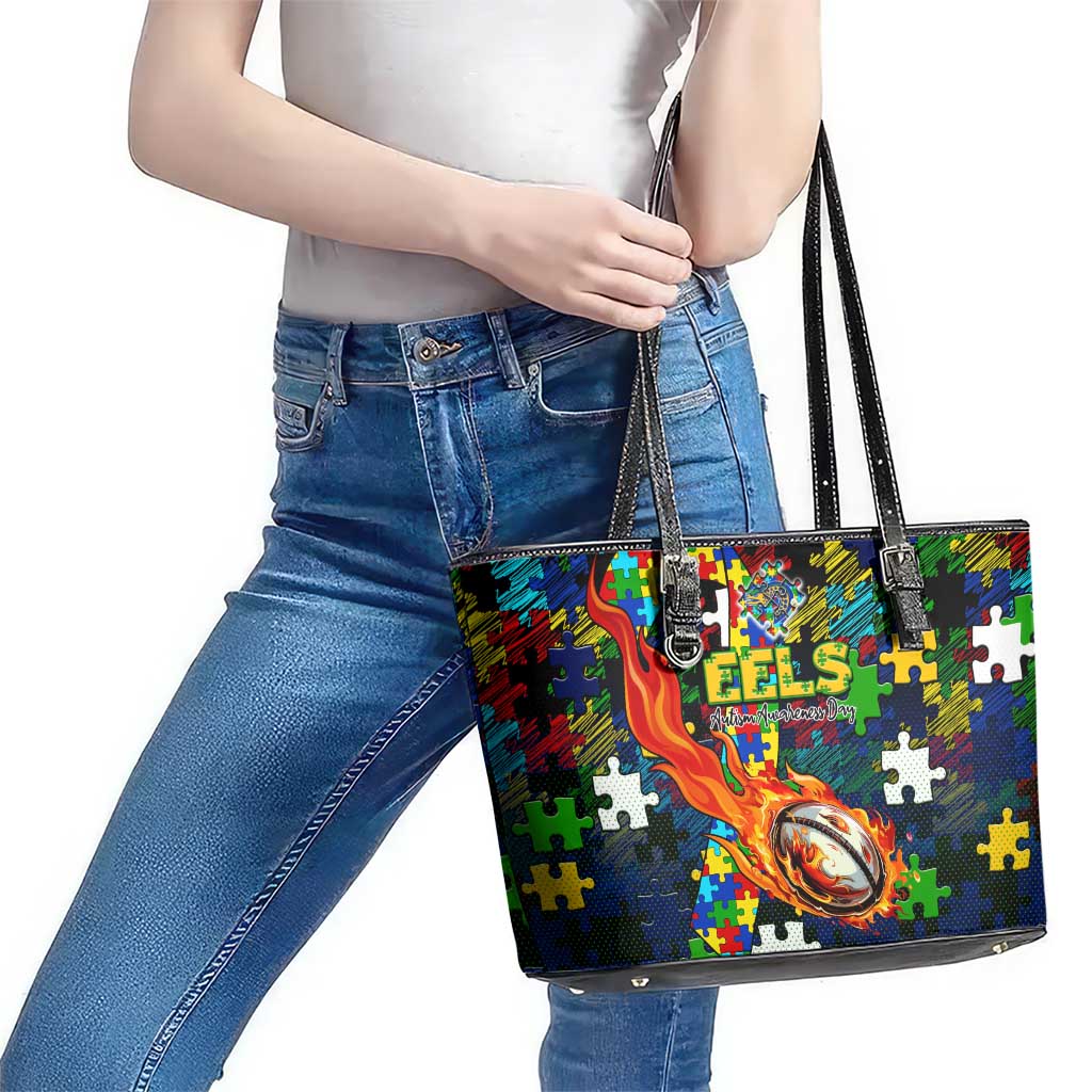 Eels Autism Awareness Leather Tote Bag Puzzle Flames Rugby Ball