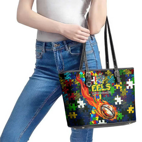 Eels Autism Awareness Leather Tote Bag Puzzle Flames Rugby Ball