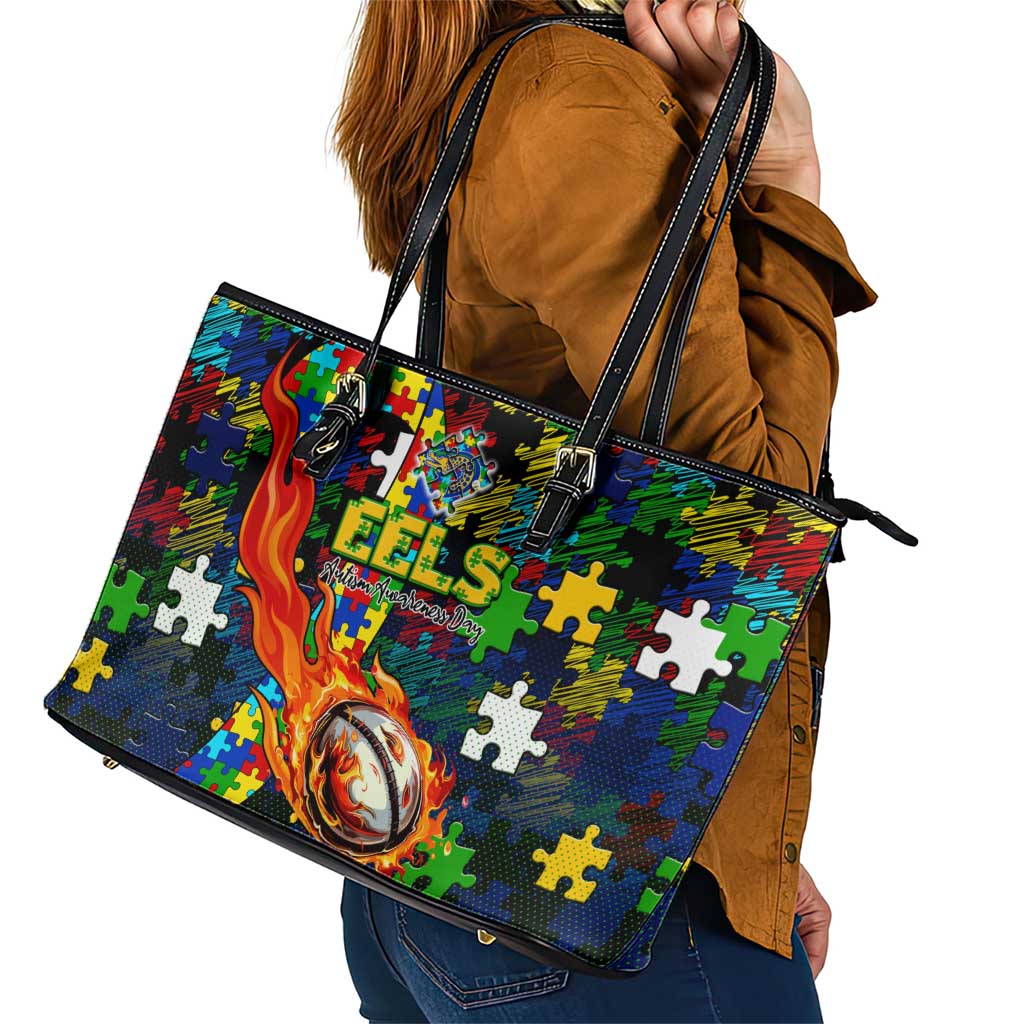 Eels Autism Awareness Leather Tote Bag Puzzle Flames Rugby Ball
