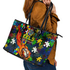 Eels Autism Awareness Leather Tote Bag Puzzle Flames Rugby Ball