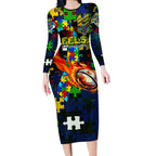 Eels Autism Awareness Long Sleeve Bodycon Dress Puzzle Flames Rugby Ball