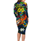 Eels Autism Awareness Long Sleeve Bodycon Dress Puzzle Flames Rugby Ball