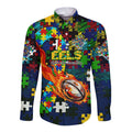 Eels Autism Awareness Long Sleeve Button Shirt Puzzle Flames Rugby Ball