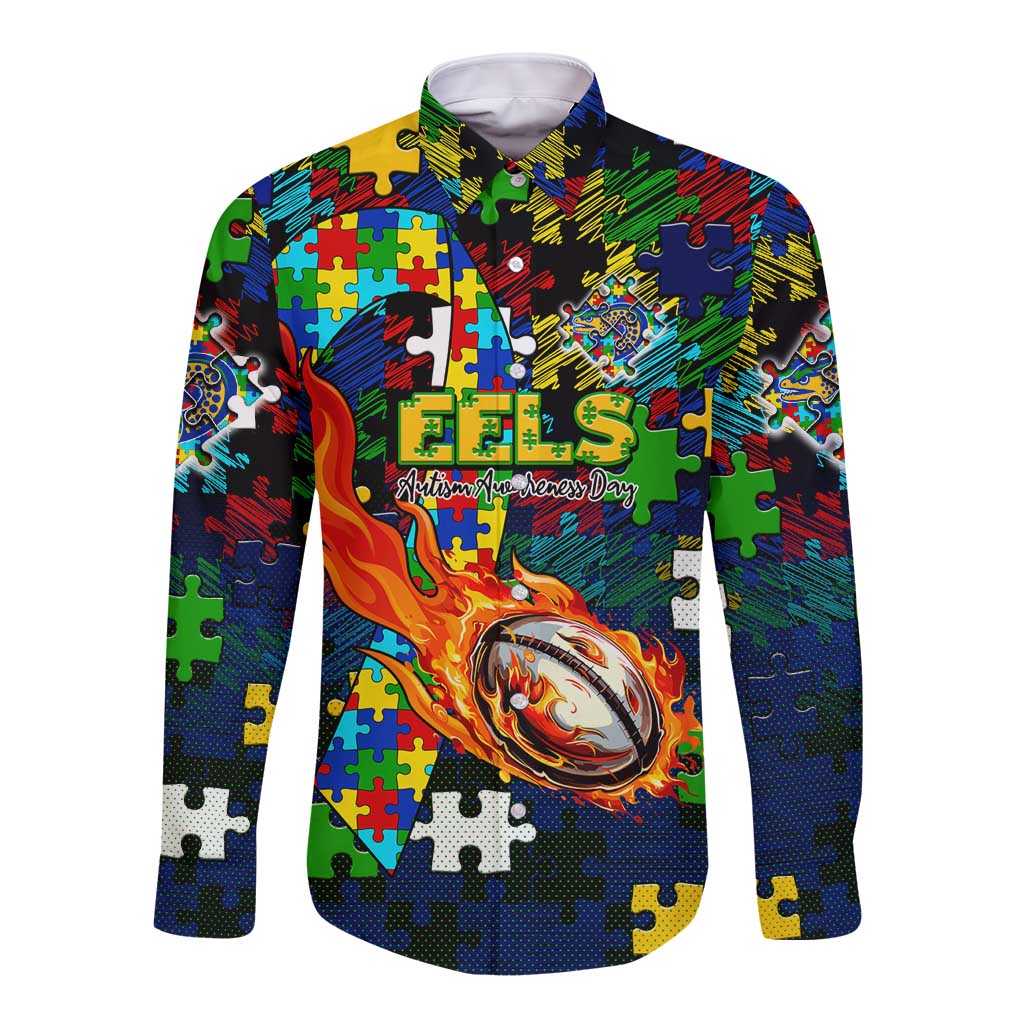 Eels Autism Awareness Long Sleeve Button Shirt Puzzle Flames Rugby Ball
