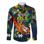 Eels Autism Awareness Long Sleeve Button Shirt Puzzle Flames Rugby Ball