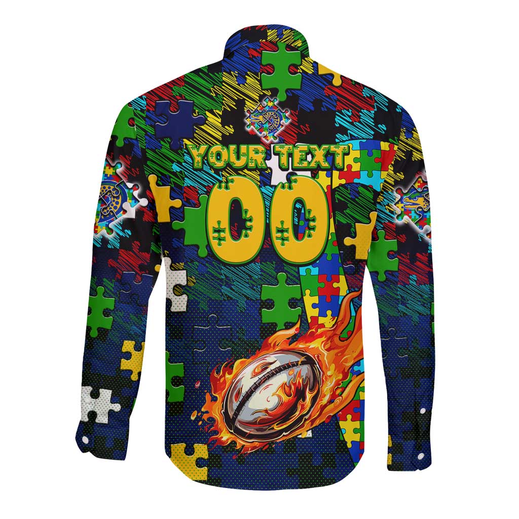 Eels Autism Awareness Long Sleeve Button Shirt Puzzle Flames Rugby Ball