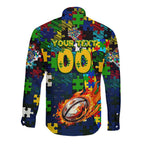 Eels Autism Awareness Long Sleeve Button Shirt Puzzle Flames Rugby Ball